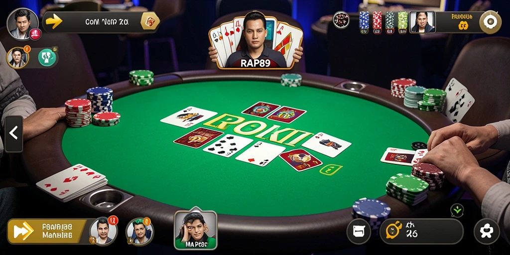 Screenshot gameplay menunjukkan suasana meja poker yang kompetitif dan seru.