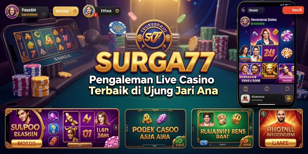 Screenshot utama SURGA77 menampilkan dealer langsung dan permainan kasino.